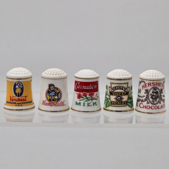 Country Store Advertising Thimbles Set of 25 and Info Cards W/ Wood Display Rack - Picture 7 of 16